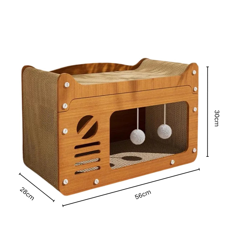 Cat scratcher bed with a darker wood-effect window front, hanging pompoms and a corrugated scratch top, 56 x 28 x 30 cm