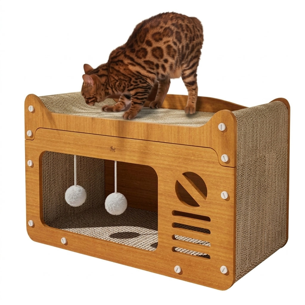 Cat scratcher bed with a wood-effect window front, a corrugated scratch top and two pompoms, a spotted Bengal cat on top