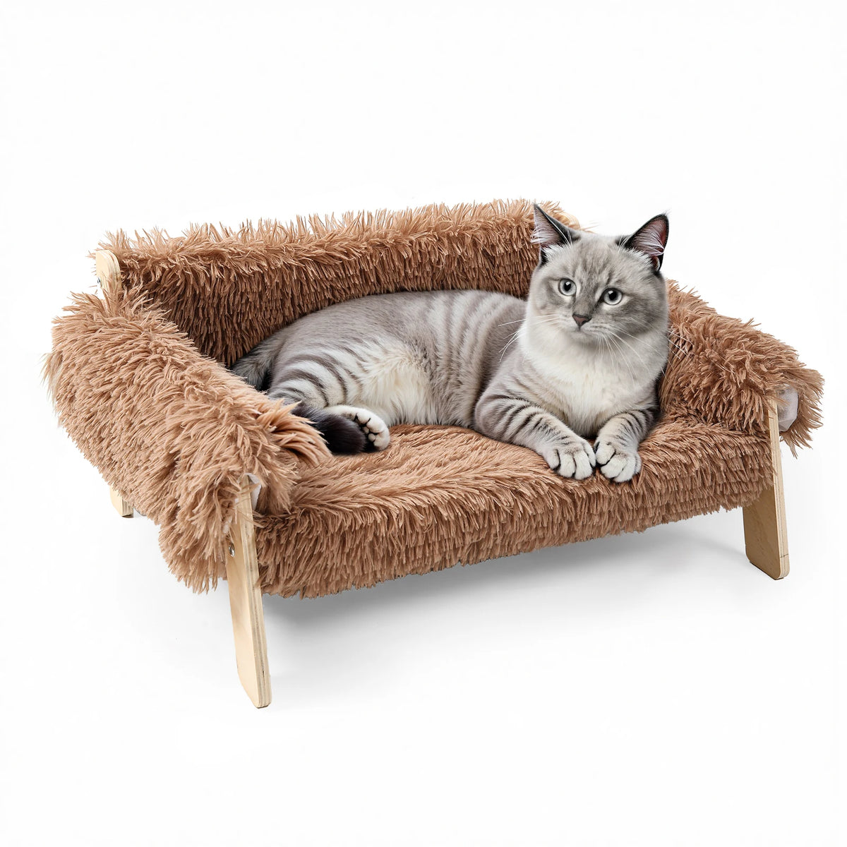 Brown shaggy cat sofa bed on a wooden frame, a pale grey tabby cat with blue eyes lying across it
