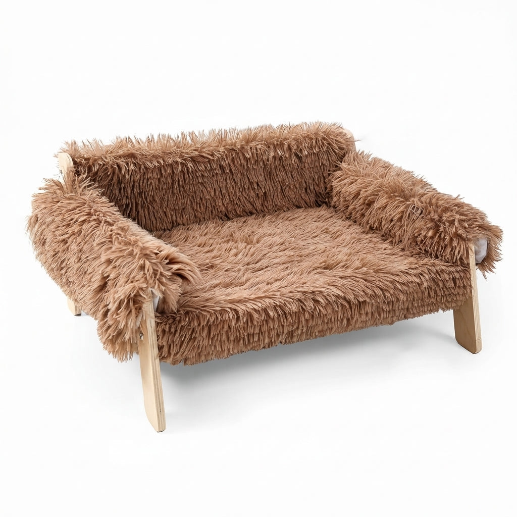 Cat sofa bed in Brown shaggy faux fur on a pale wooden frame with splayed legs, padded arms and a back rest
