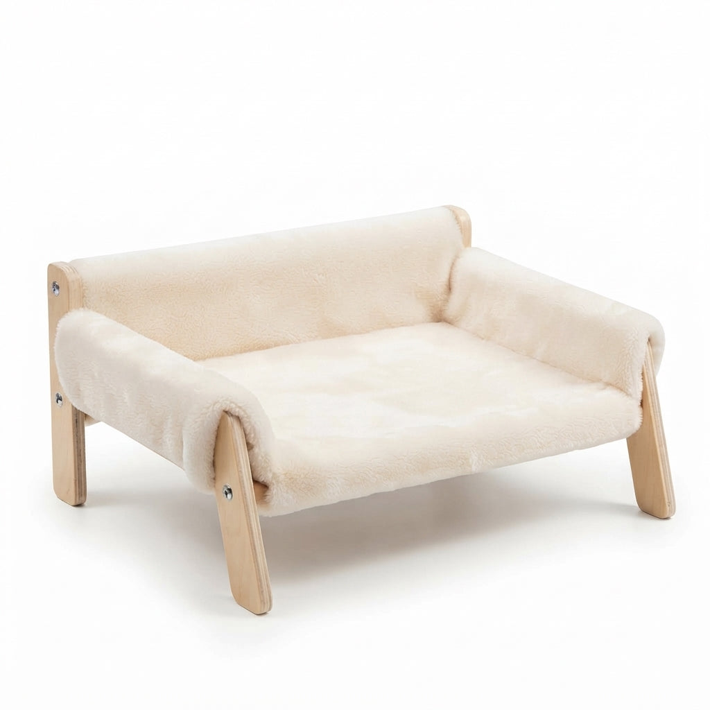Cat sofa bed in White short plush on a pale wooden frame with splayed legs, padded arms and a back rest