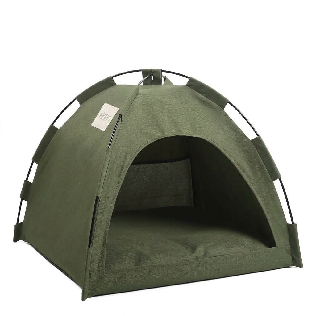 Cat tent bed in army green canvas on a black pole frame, with an arched doorway and a matching cushion