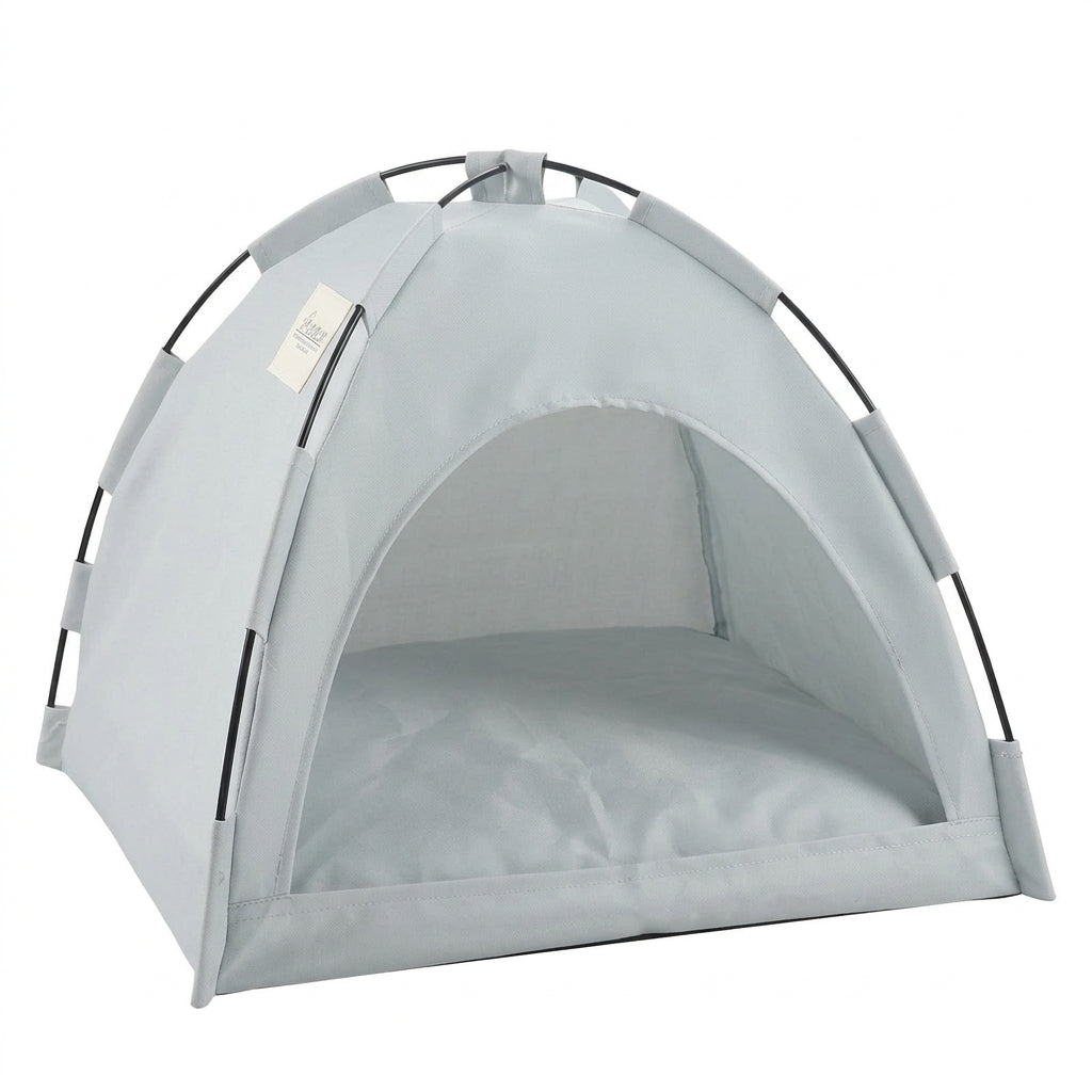 Cat tent bed in plain grey canvas on a black pole frame, with an arched doorway and a matching cushion