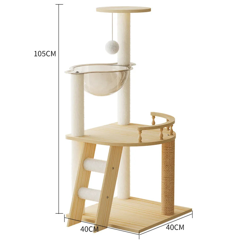 105 cm wooden cat tree with a clear bowl bed, a railed platform, a ladder, a sisal post and a hanging ball; base 40 x 40 cm