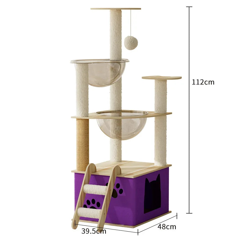 112 cm cat tree with a purple house with paw-print cut-outs, two clear bowl beds, a ladder and a sisal post; base 39.5 x 48 cm