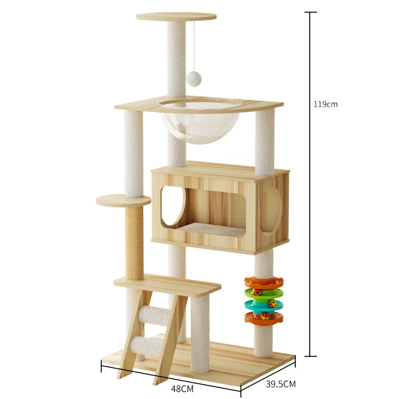 119 cm wooden cat tree with a clear bowl bed, a long cube house, a ladder and a ball track toy; base 48 x 39.5 cm