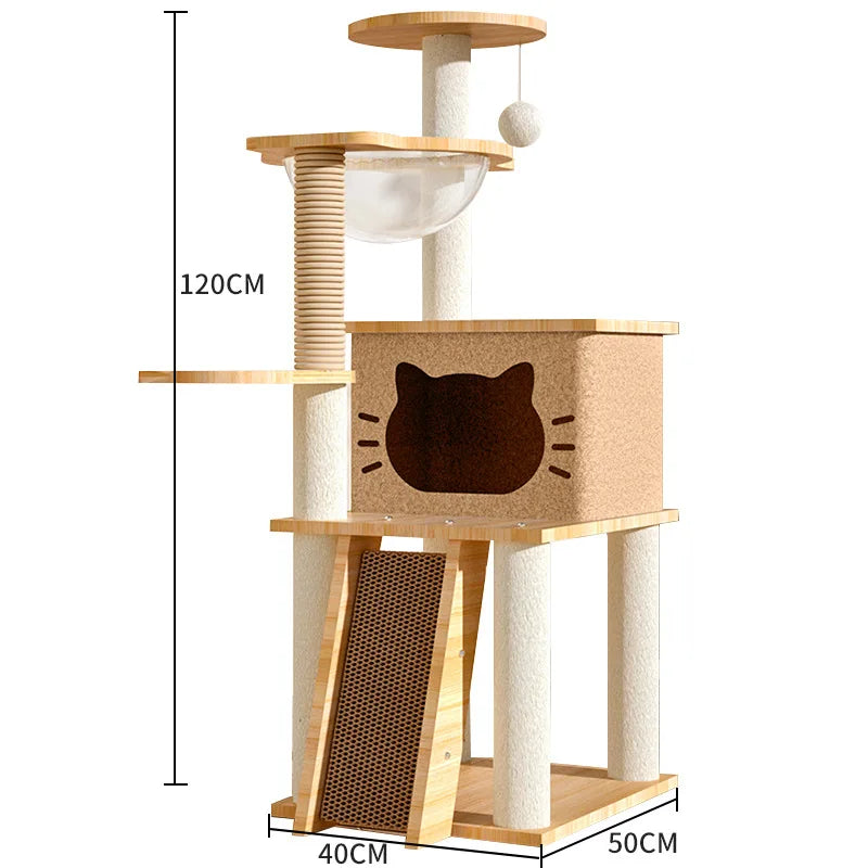 120 cm cat tree with a textured brown cat-face house, a corrugated scratching ramp, a clear bowl bed and sisal posts; base 40 x 50 cm
