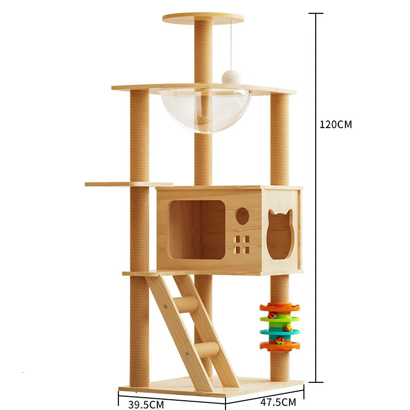 120 cm wooden cat tree with sisal-wrapped posts, a clear bowl bed, a house with a window and cat-face opening, and a ladder