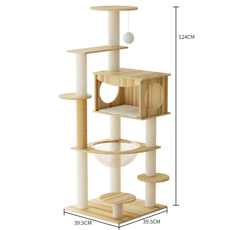 124 cm wooden cat tree with a cube house with round openings, a clear bowl bed, round steps and a sisal post; base 39.5 x 39.5 cm