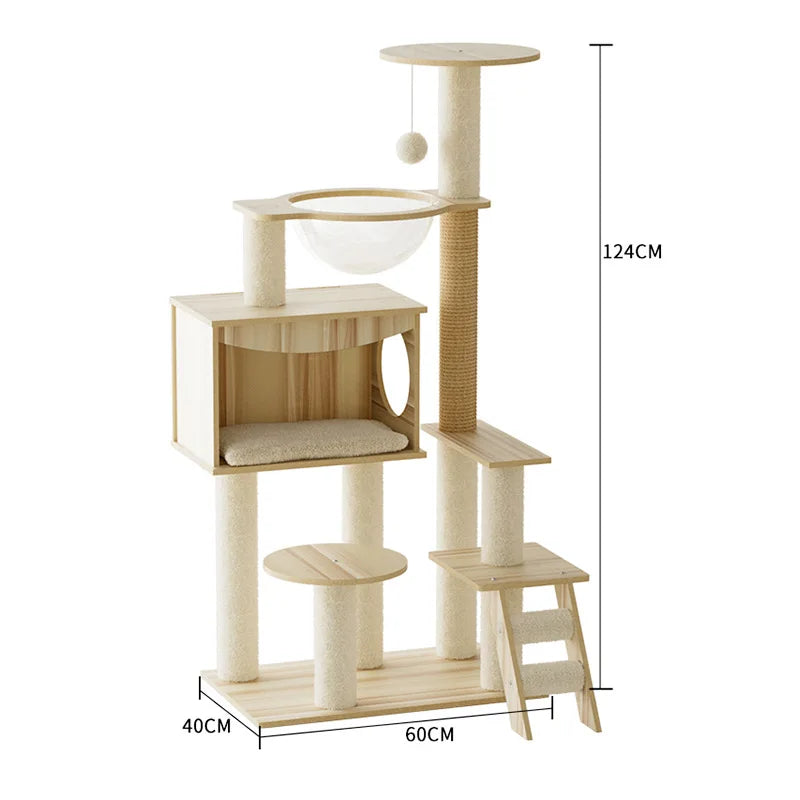 124 cm wooden cat tree with a cushioned box house, a clear bowl bed, a small ladder and round steps; base 60 x 40 cm
