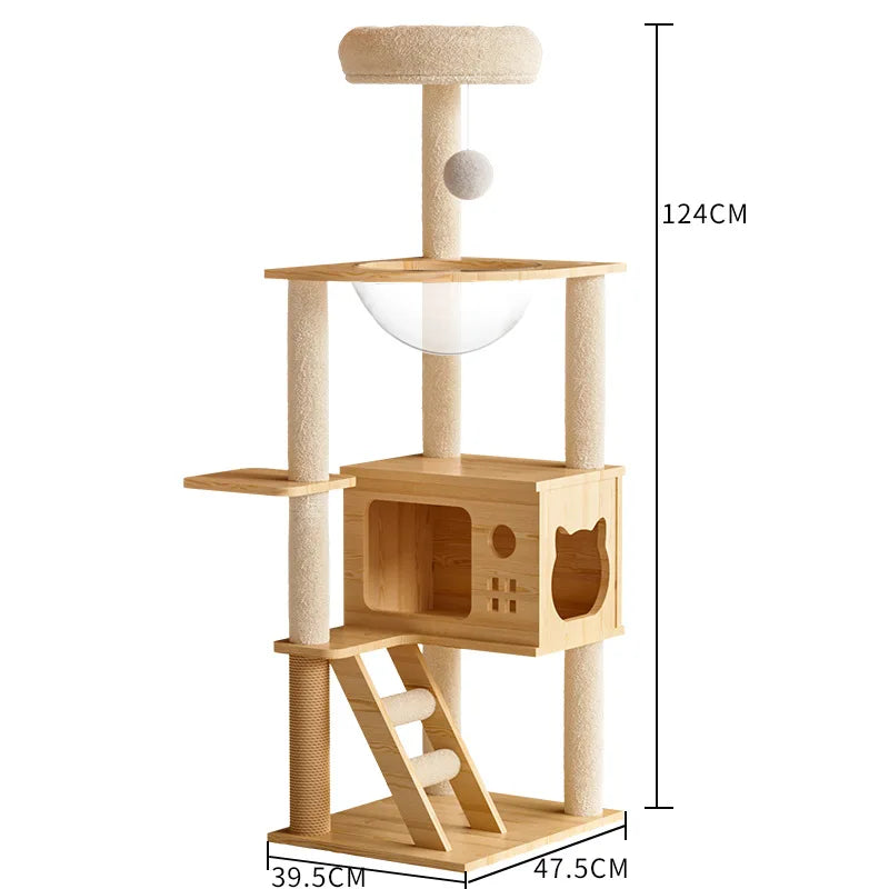 124 cm cat tree with a round plush top bed, a clear bowl bed, a wooden house with a cat-face opening and a ladder