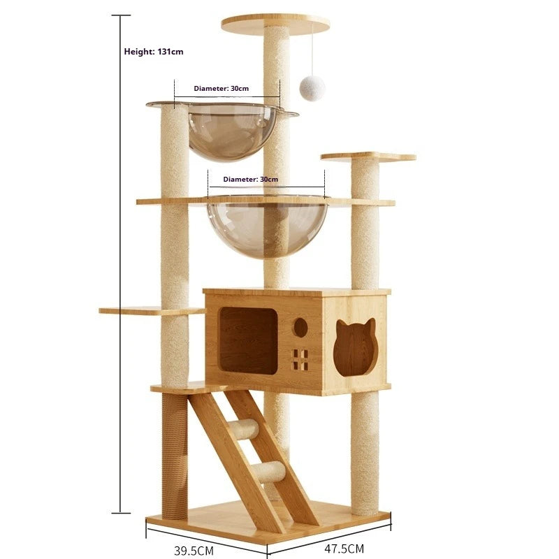 131 cm wooden cat tree with two 30 cm clear bowl beds, a house with a window and cat-face opening, and a ladder