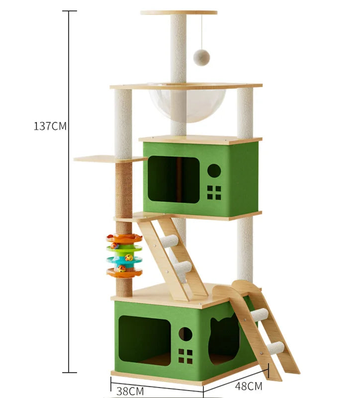 137 cm cat tree with two green houses, a clear bowl bed, two ladders and a ball track toy; base 38 x 48 cm