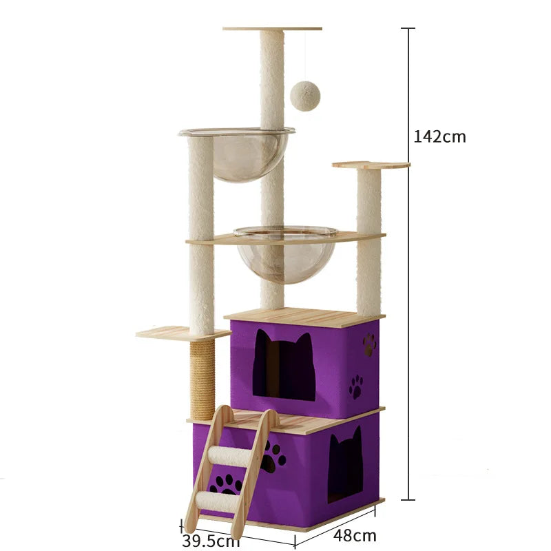 142 cm cat tree with two stacked purple houses, two clear bowl beds, a ladder and a sisal post; base 39.5 x 48 cm