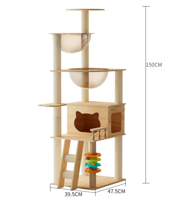 150 cm wooden cat tree with sisal posts, two clear bowl beds, a cat-face house, a ladder and ball track; base 39.5 x 47.5 cm
