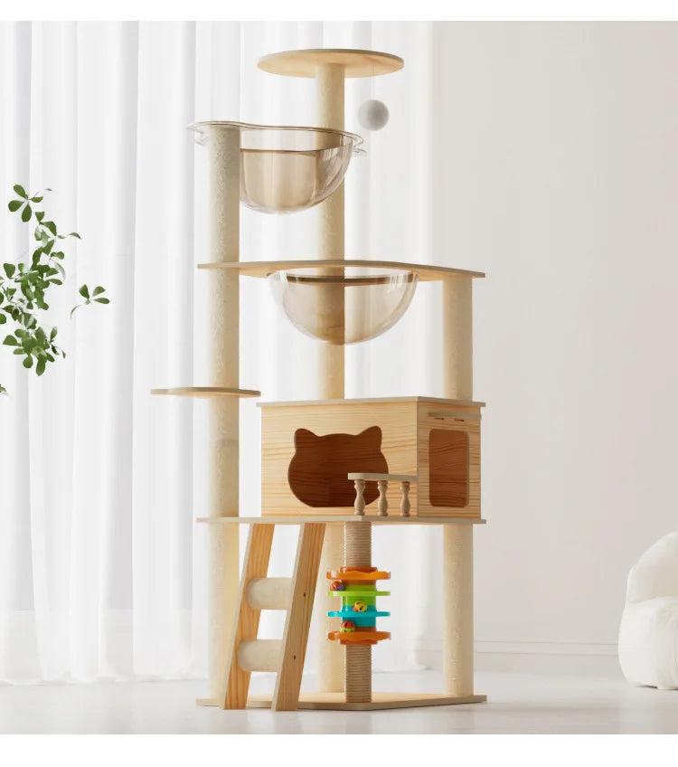 Wooden cat tower with two clear bowl beds, a house, a ladder and a ball track toy, by white curtains in a bright room