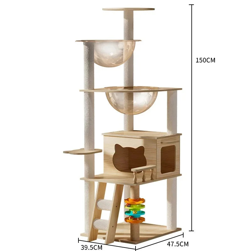 Cat tower cat tree in pale wood, 150 cm tall, with two clear bowl beds, a cat-face house, a ladder and a ball track toy