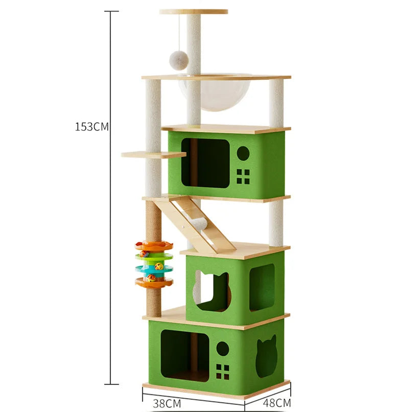 153 cm cat tree with three stacked green houses, a clear bowl bed, a ramp and a ball track toy; base 38 x 48 cm