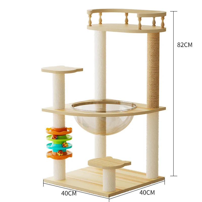 82 cm wooden cat tree with a railed top perch, a large clear bowl bed, cat-ear steps and a ball track toy; base 40 x 40 cm