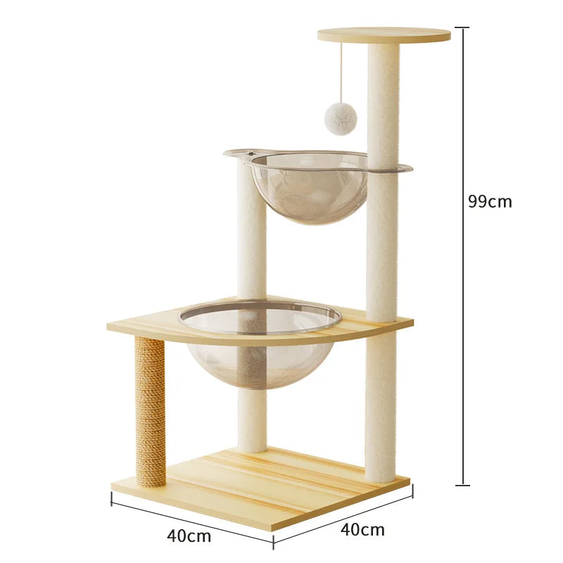 99 cm wooden cat tree with two clear bowl beds, a sisal post and a hanging ball on a 40 x 40 cm base