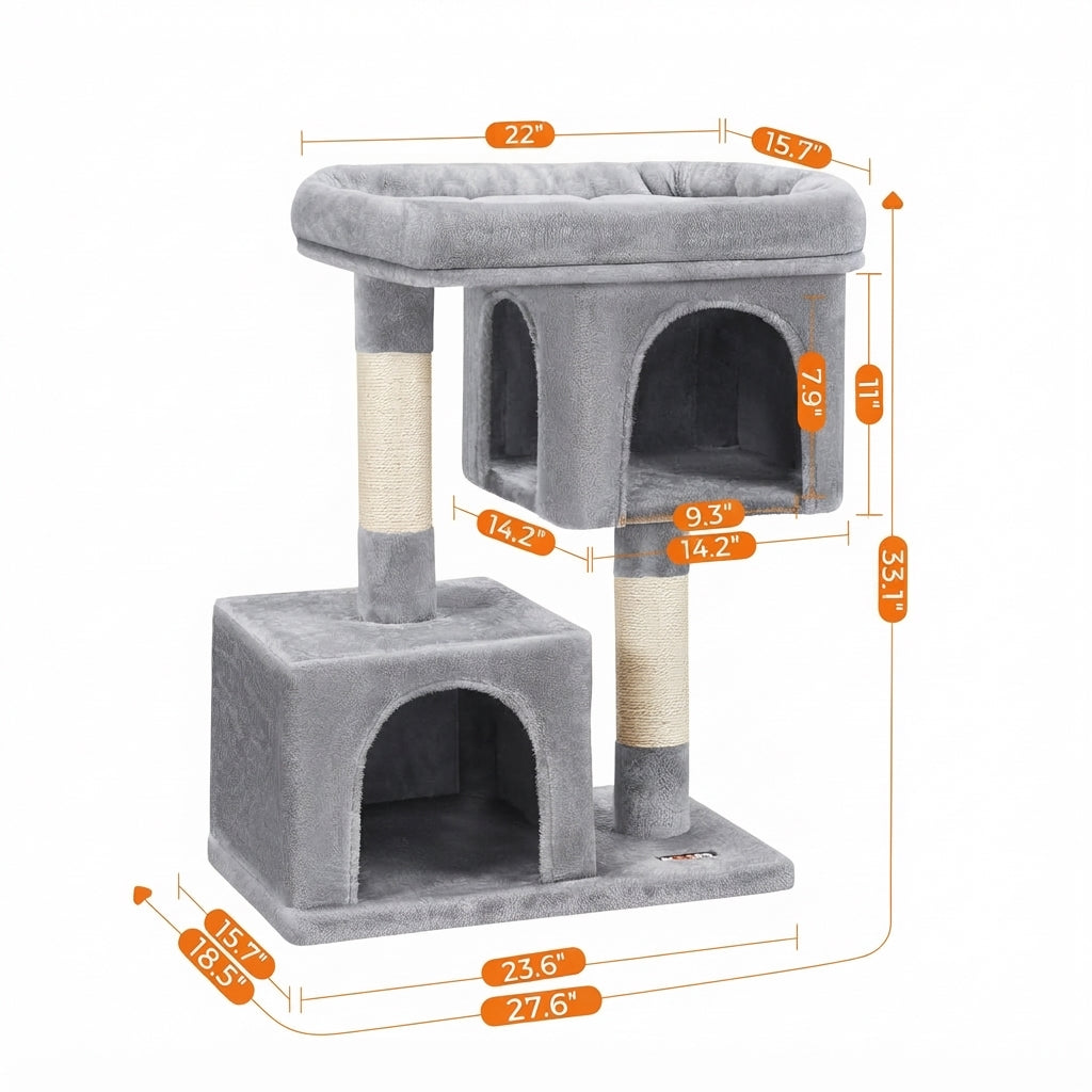 Dimensions of the light grey cat tree for large cats in inches: 33.1 in high, top perch 22 x 15.7 in, base 23.6 x 15.7 in