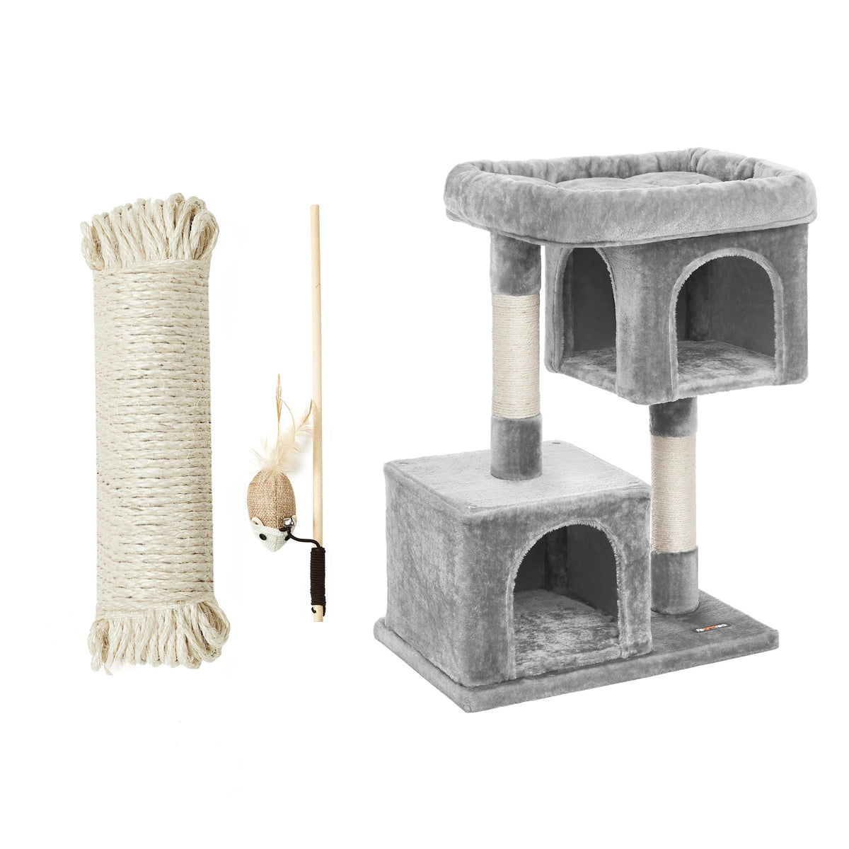 Cat tree for large cats in Light Grey plush with two caves, a top perch and sisal posts, beside a sisal rope and a wand toy