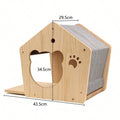 Wooden cat house with a bear-shaped doorway, a paw cut-out and grey felt roof, 43.5 cm wide, 29.5 cm deep, 34.5 cm high