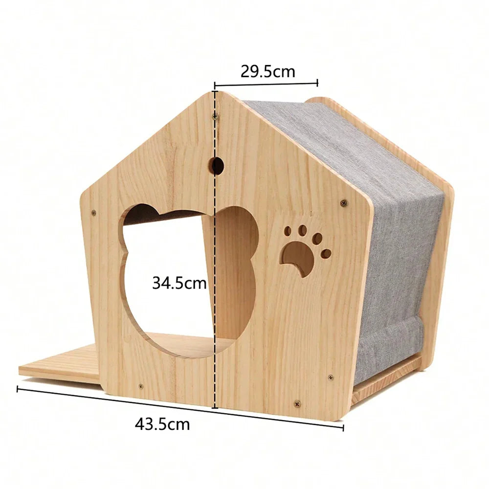 Wooden cat house with a bear-shaped doorway, a paw cut-out and grey felt roof, 43.5 cm wide, 29.5 cm deep, 34.5 cm high
