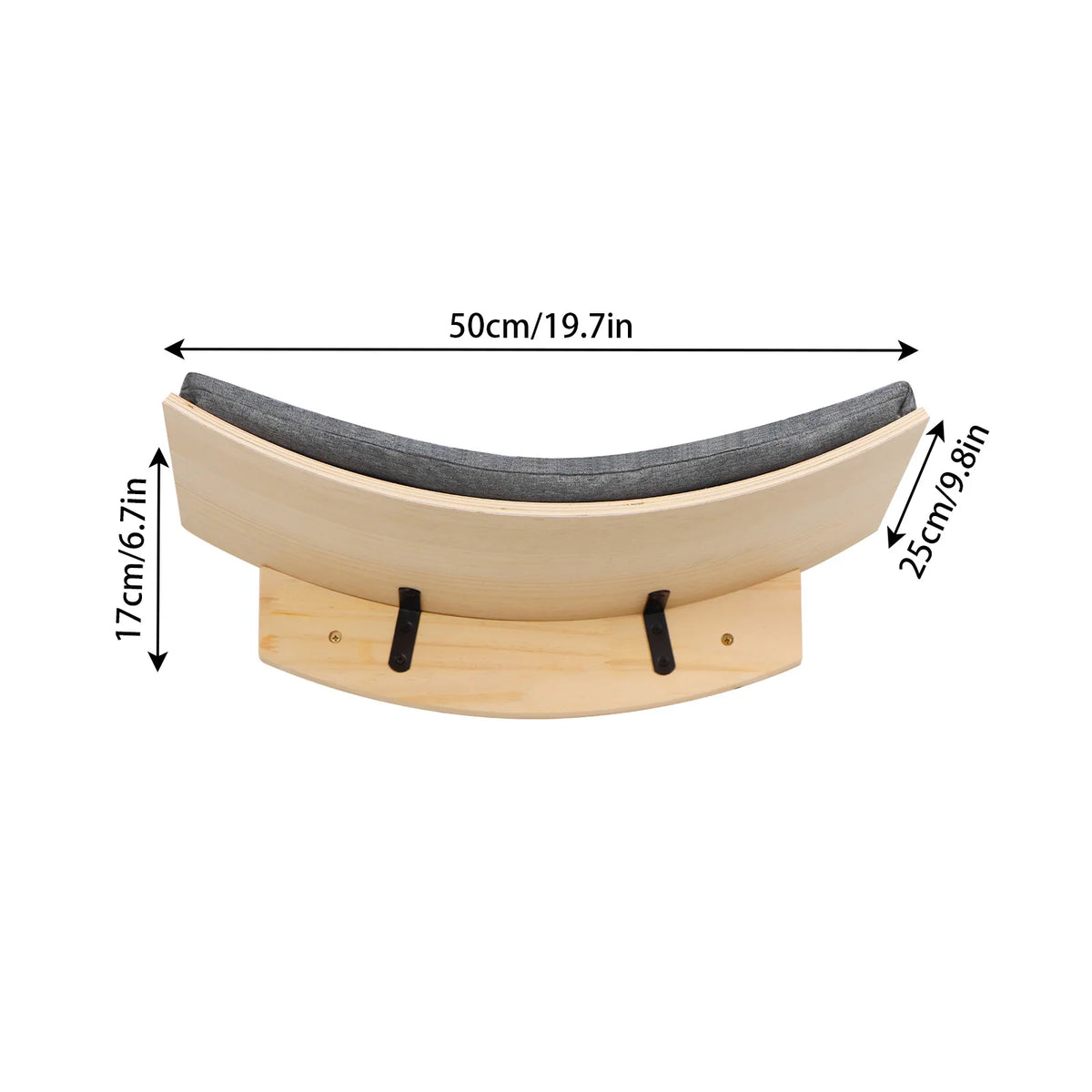 Curved pine wall bed with a grey cushion on black hooks, 50 cm long, 25 cm deep and 17 cm high