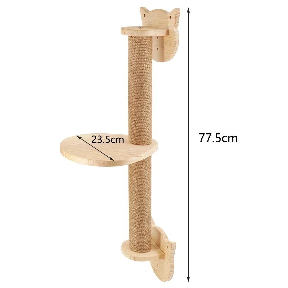 Wall-mounted sisal post with a round 23.5 cm perch and cat-ear pine brackets, 77.5 cm high