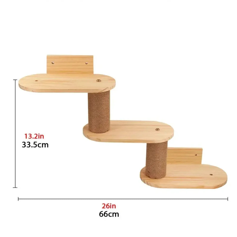 Pine three-step wall ladder with rope-wrapped posts between staggered oval steps, 66 cm wide and 33.5 cm high