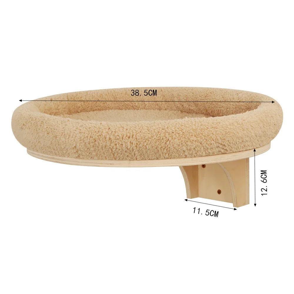 Round wall nest with a beige plush bed on a pine bracket, 38.5 cm across, bracket 11.5 cm wide and 12.6 cm high
