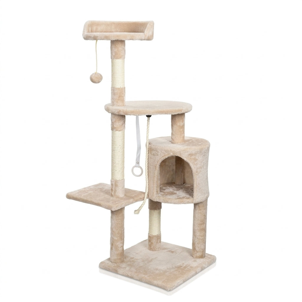 Cat tree tower in beige plush with sisal posts, a condo, a top perch with a hanging ball, a side step and a rope toy