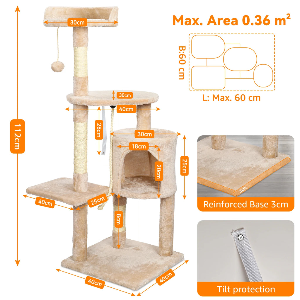 Cat tree tower in beige with dimensions: 112 cm tall on a 40 x 40 cm base, with insets of the 3 cm base and anti-tip strap