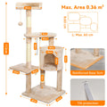 Cat tree tower in beige with dimensions: 112 cm tall on a 40 x 40 cm base, with insets of the 3 cm base and anti-tip strap