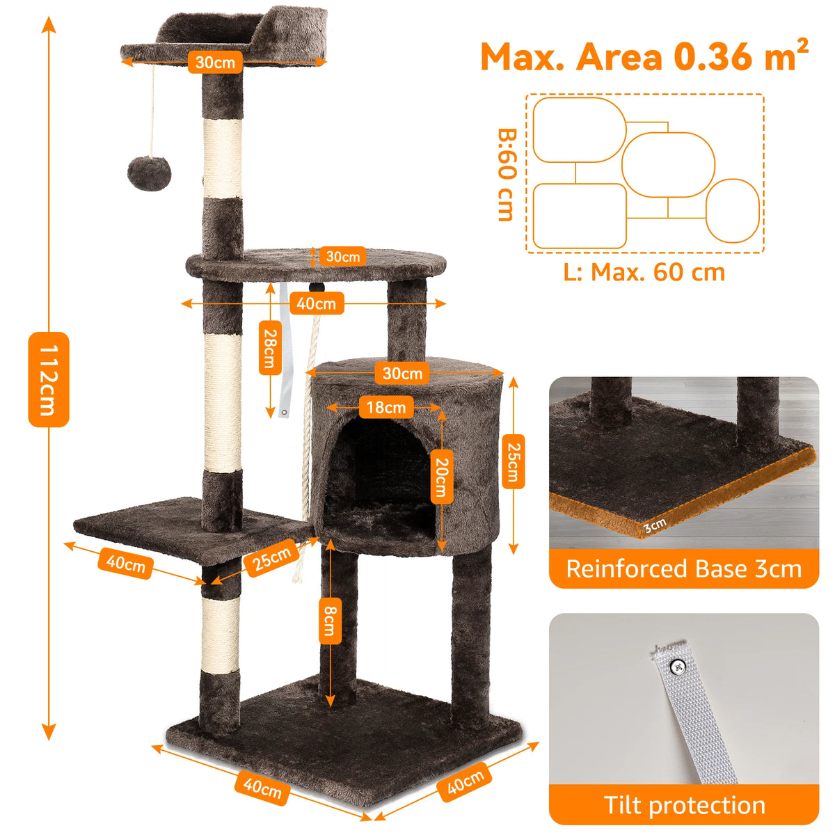 Cat tree tower in Dark Brown with dimensions: 112 cm tall, 40 x 40 cm base, 30 cm top perch, condo 30 cm wide