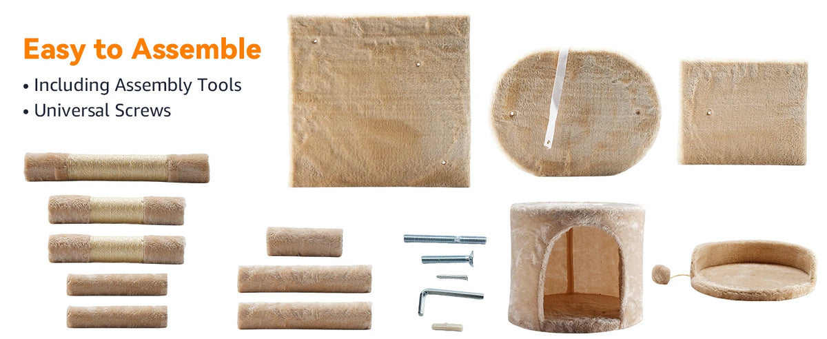 Unassembled parts of the beige cat tree tower: base, platforms, sisal posts, condo, top perch, screws and Allen keys