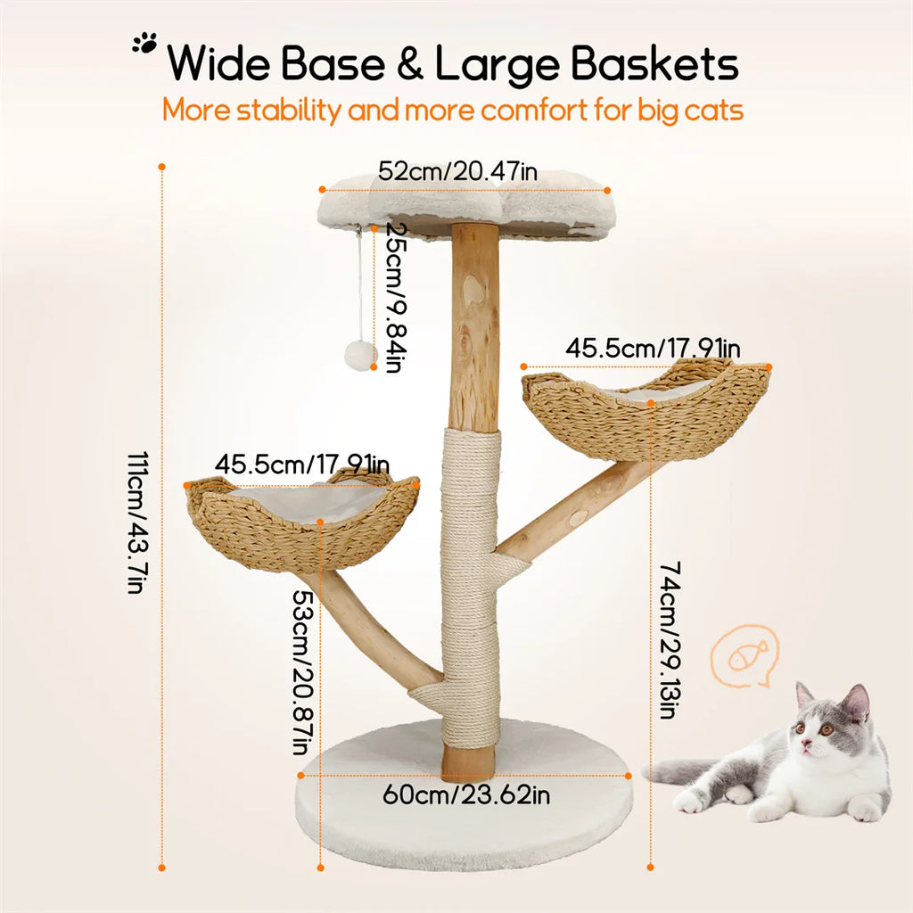 Dimensions of the cat tree with baskets: 111 cm tall, 60 cm round base, 52 cm top perch and two 45.5 cm woven baskets