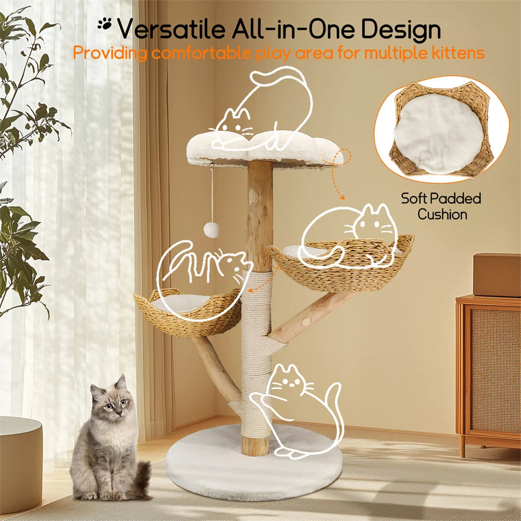 Cat tree with baskets in a sunny room, a grey and white cat sitting beside it, with an inset of a basket's padded cushion