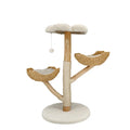 Cat tree with baskets: a natural wood trunk with sisal wrap, two woven baskets, a cream plush top perch and round base