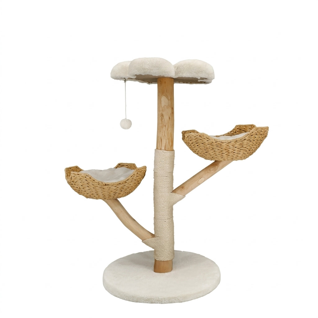 Cat tree with baskets: a natural wood trunk with sisal wrap, two woven baskets, a cream plush top perch and round base