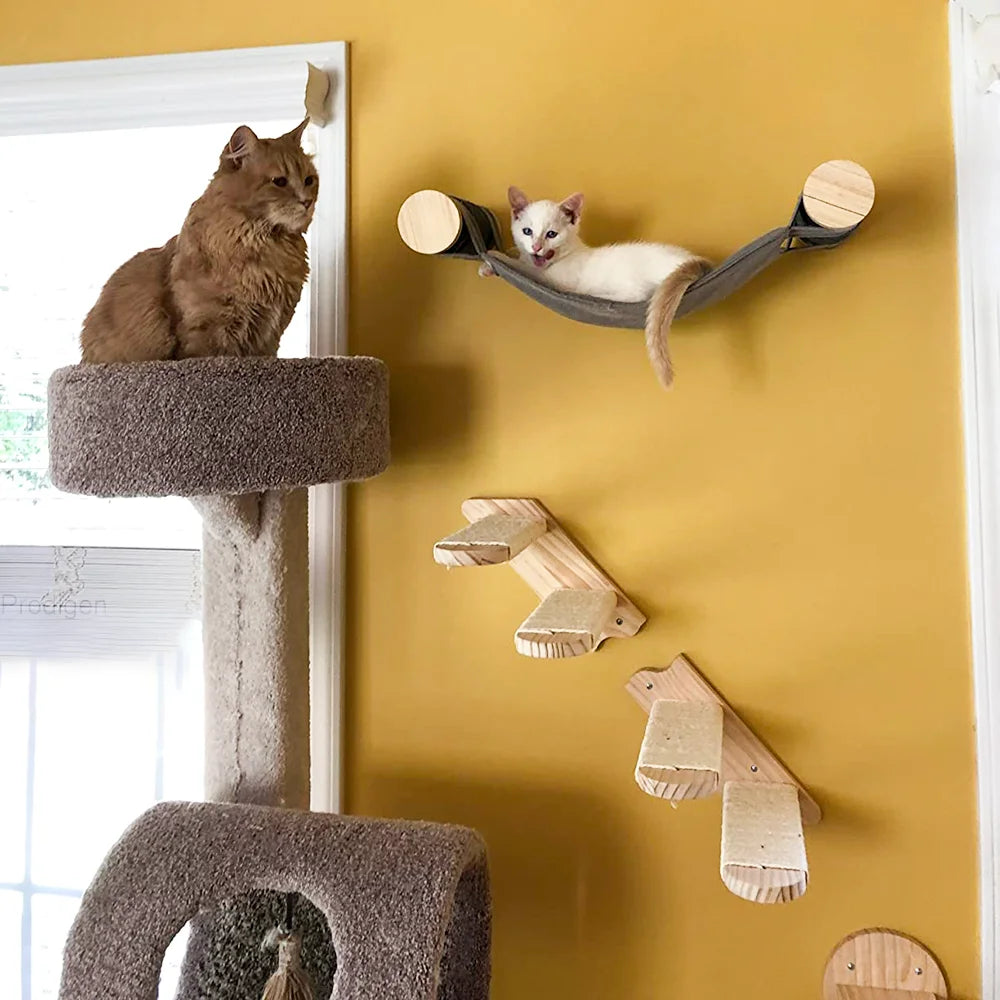 White kitten in a grey fabric wall hammock on a yellow wall, wooden steps below and a ginger cat on a carpeted cat tree
