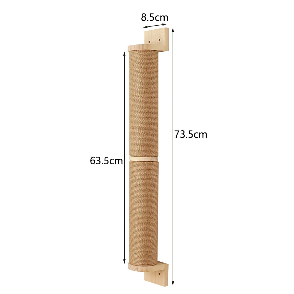 Wall-mounted jute climbing post in two sections, 73.5 cm tall overall with 63.5 cm of jute, top plate 8.5 cm