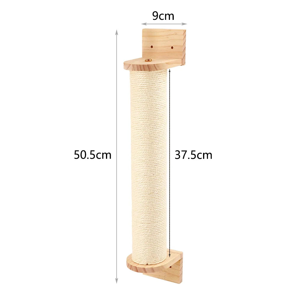 Wall-mounted cat sisal post between two wooden brackets, 50.5 cm tall with 37.5 cm of sisal, top plate 9 cm