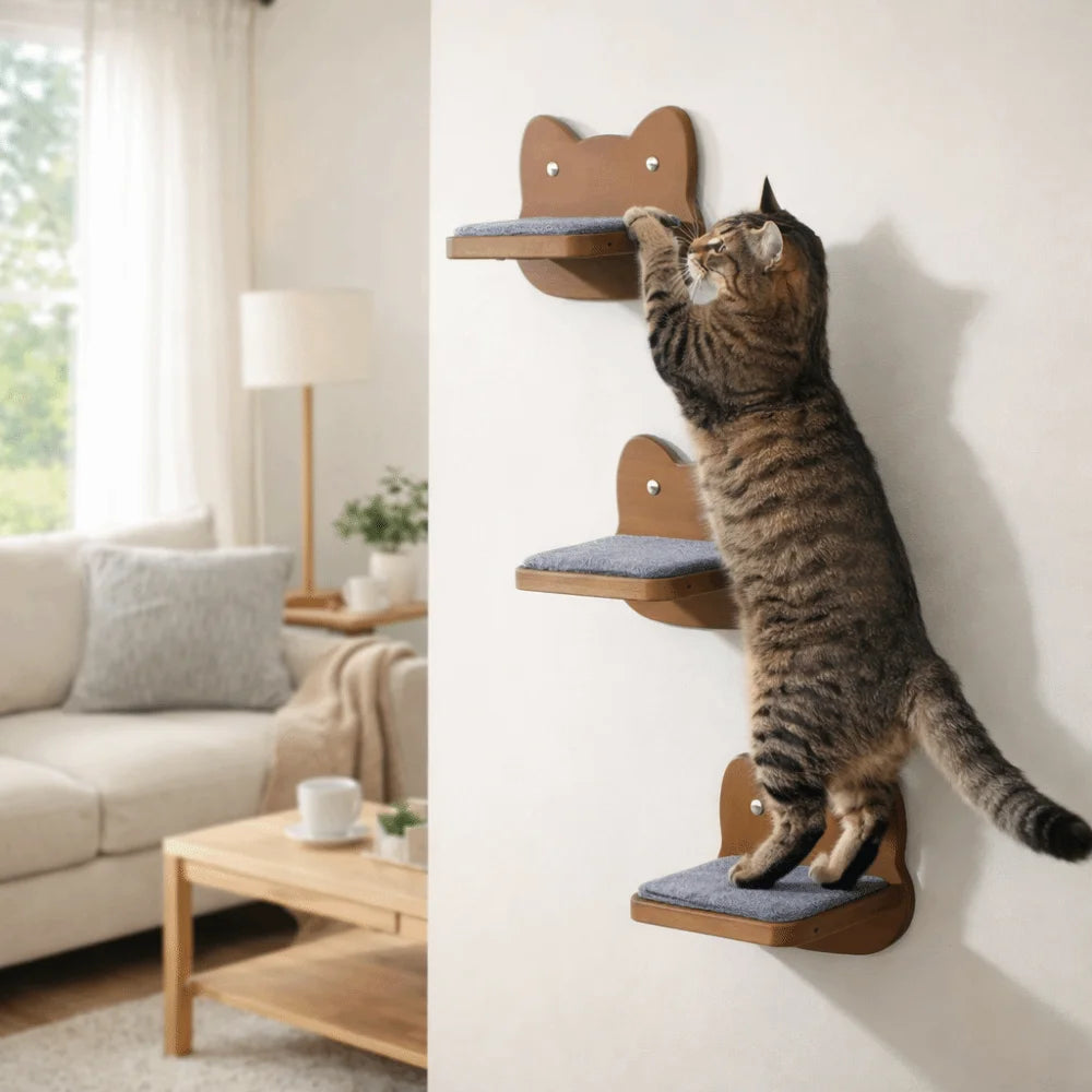 Cat wall steps in brown: three cat-face shelves with grey felt pads, a tabby cat climbing up them