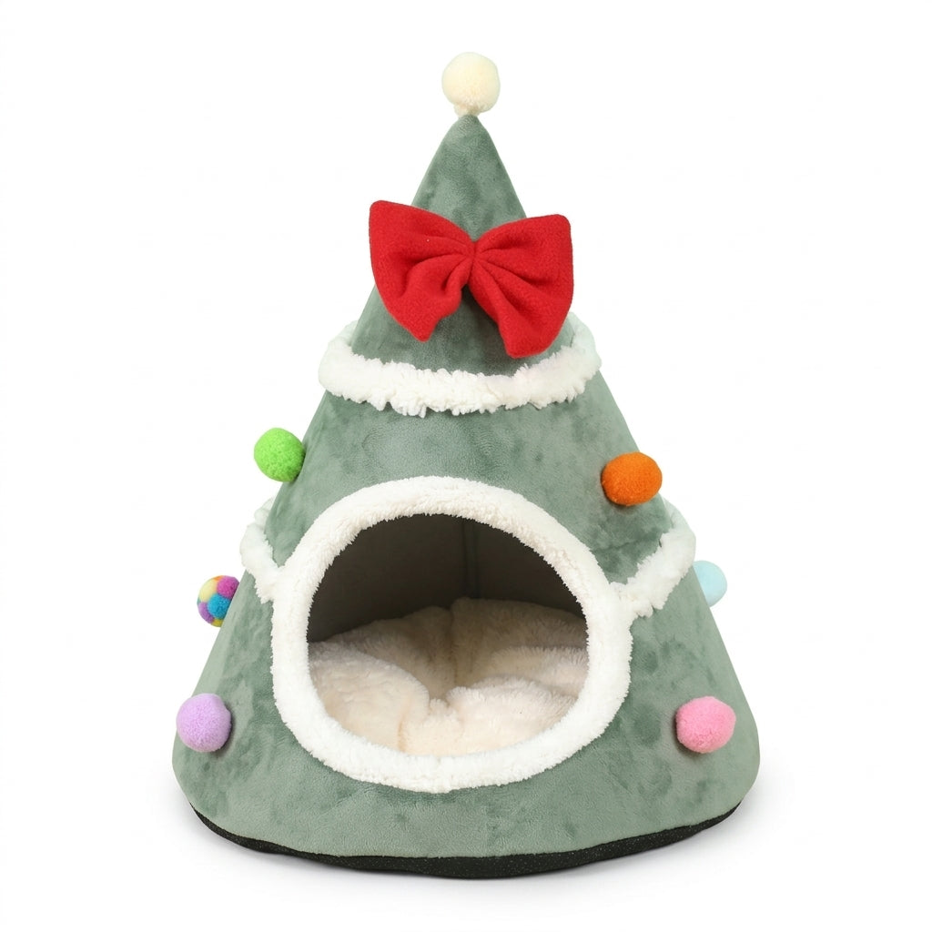 Christmas tree cat cave bed in Green fleece with a red bow, white trim around the round opening and colourful pompoms