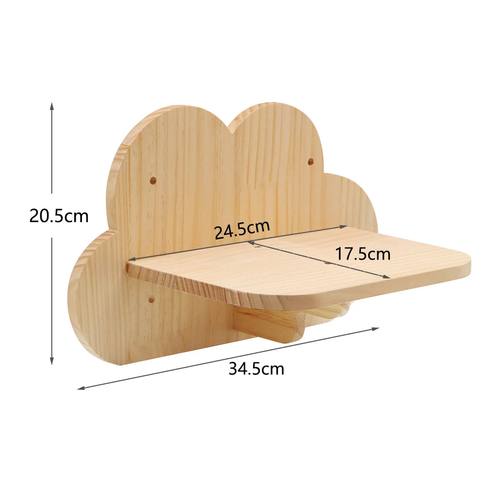 Cloud-shaped wooden cat wall platform, 34.5 cm wide and 20.5 cm high, with a shelf 24.5 by 17.5 cm