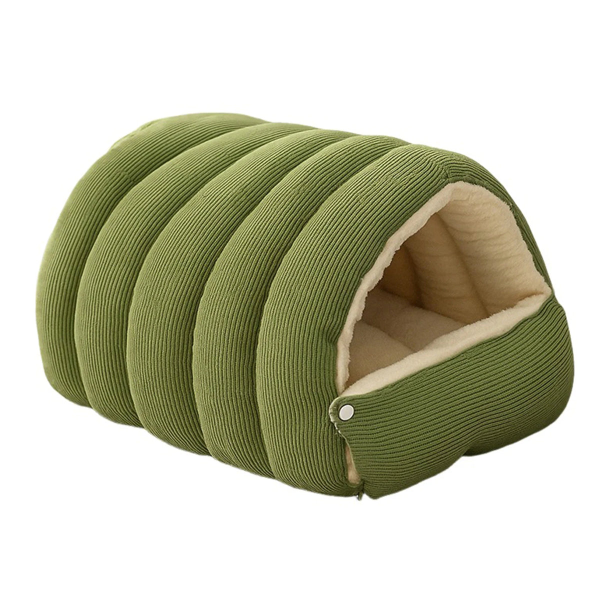 Corduroy cave dog bed in green with ribbed padded panels, a cream fleece lining and a front flap fastened with snap buttons