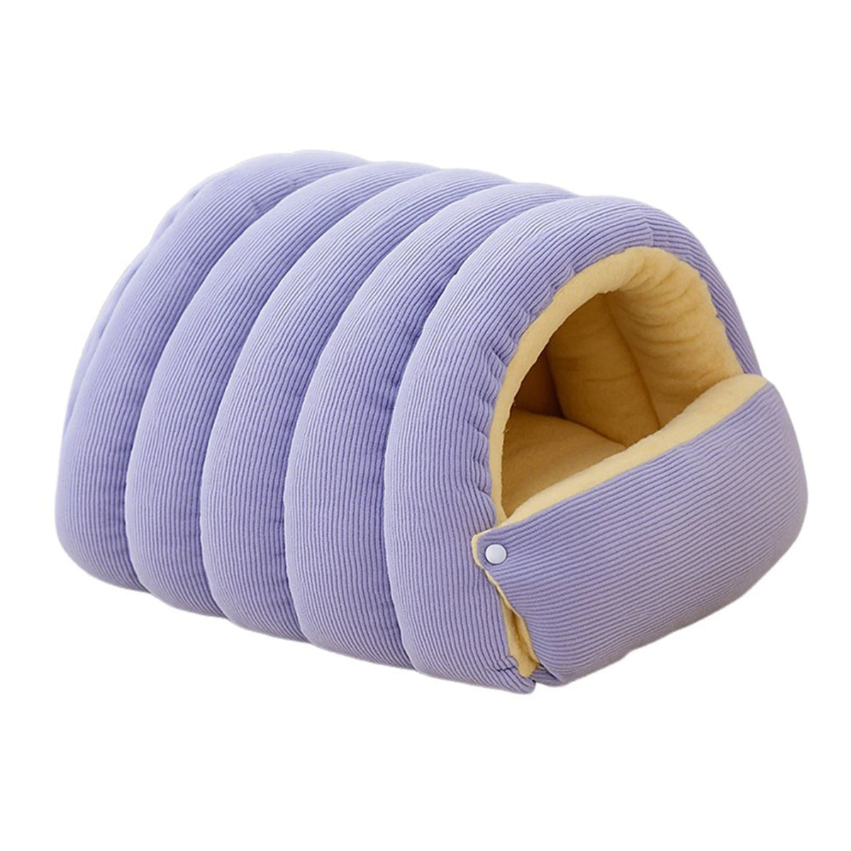 Corduroy cave dog bed in lilac purple with ribbed padded panels, a pale yellow fleece lining and a snap-button flap