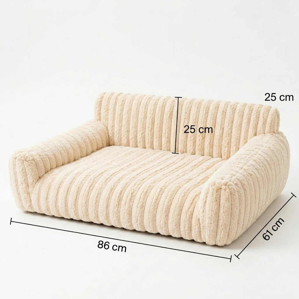 Cream ribbed dog couch bed with measurements: 86 cm long, 61 cm deep, 25 cm high backrest